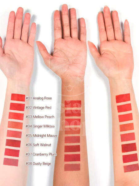 ETUDE Fixing Tint modo de uso textura swatches tonos 01 analog rose 02 vintage red 03 mellow peach 04 ginger milk tea 05 midnight mauve 06 soft walnut 07 cranberry plum 08 dusty beige