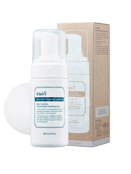 DEAR, KLAIRS Rich Moist Foaming Cleanser foto producto botella caja
