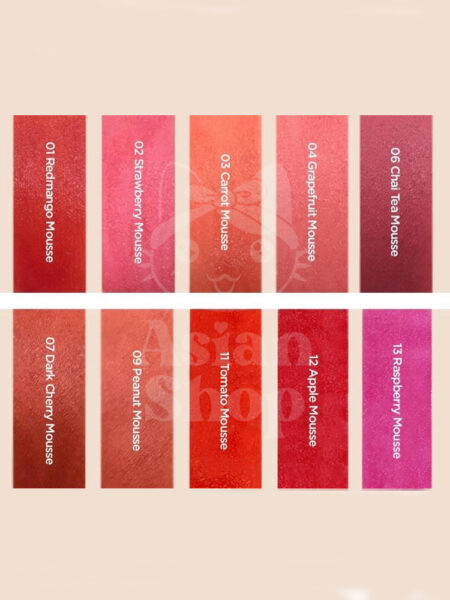 Swatches de colores del tinte labial THE SAEM Saemmul Mousse Candy Tint