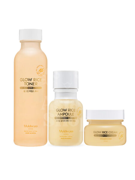 Glow Reset Kit MULDREAM Glow Rice set iluminador reparador con toner, ampoule y crema